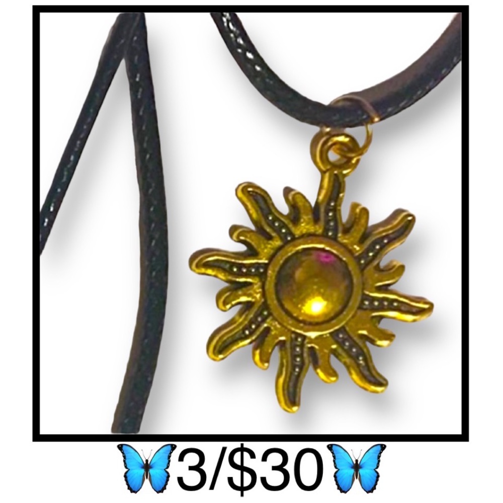 Hand Crafted Sunshine Necklace~Gold Tone Sun Pendant on 20” Waxed Black Cord
